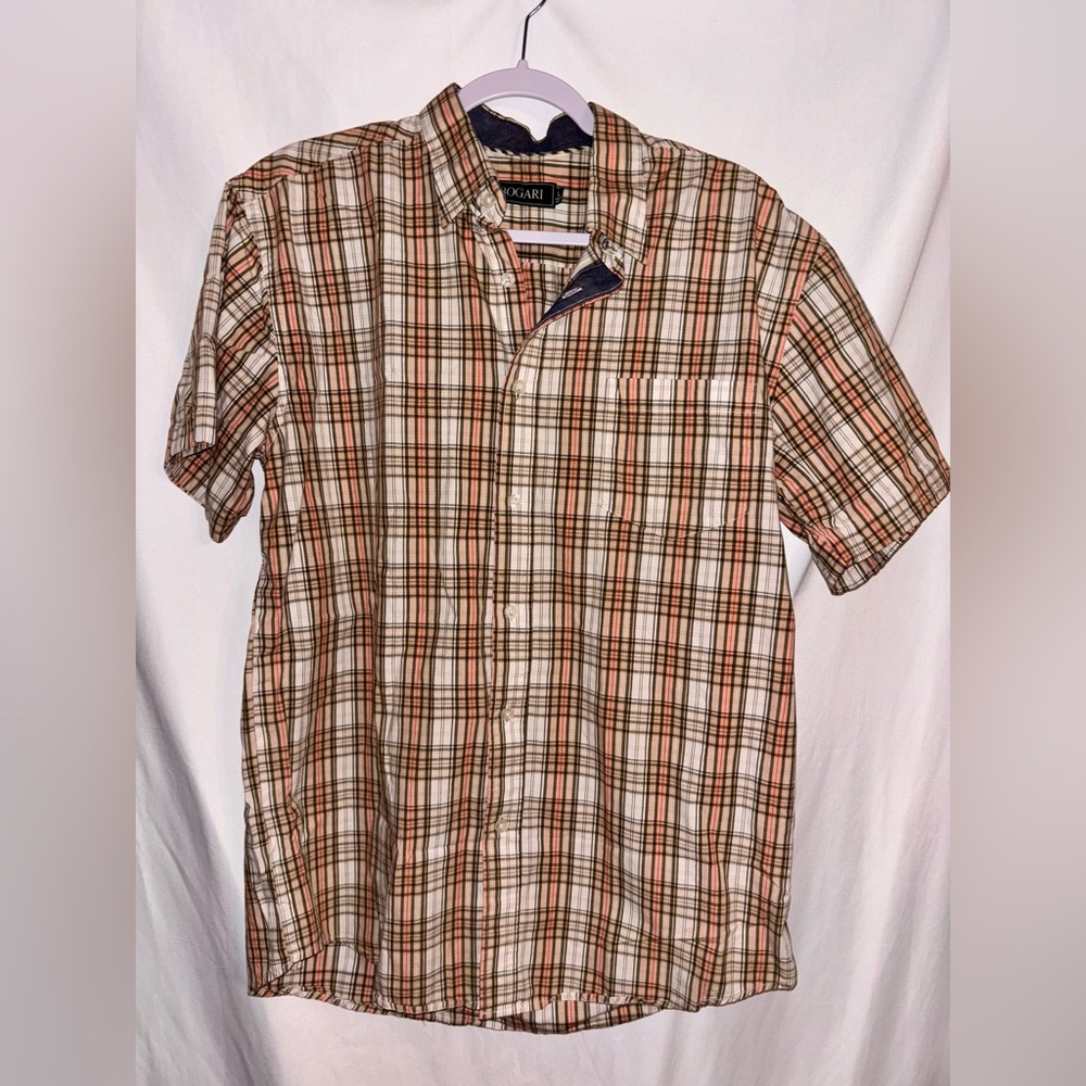 Bogari Italy Men’s L Tan Beige Short Sleeve Button Dress Shirt Cotton